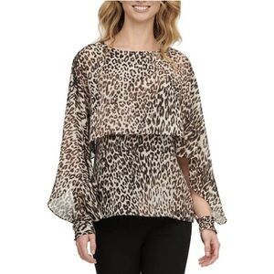 DKNY leopard print caped smocked cuff sheer office siren top NWT S mobwife